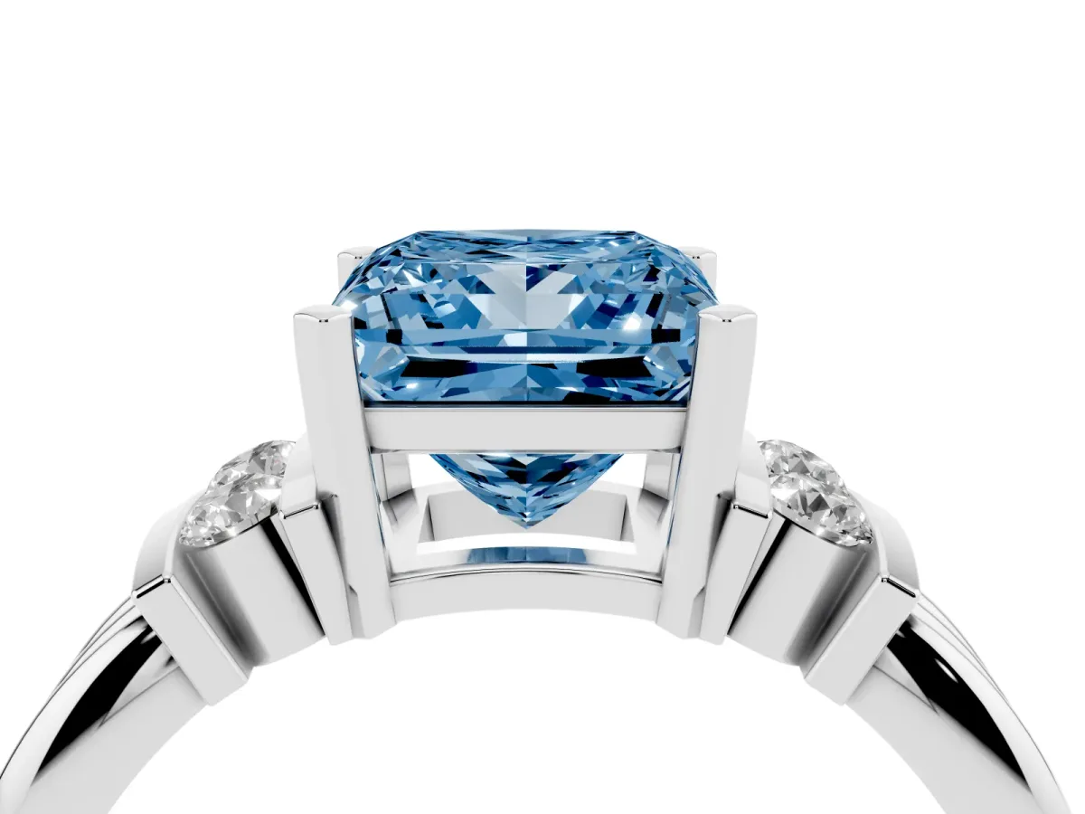 Fancy Blue Princess Cut Cut Three-Stone Channel Set Ring with Bar Prongs Silver