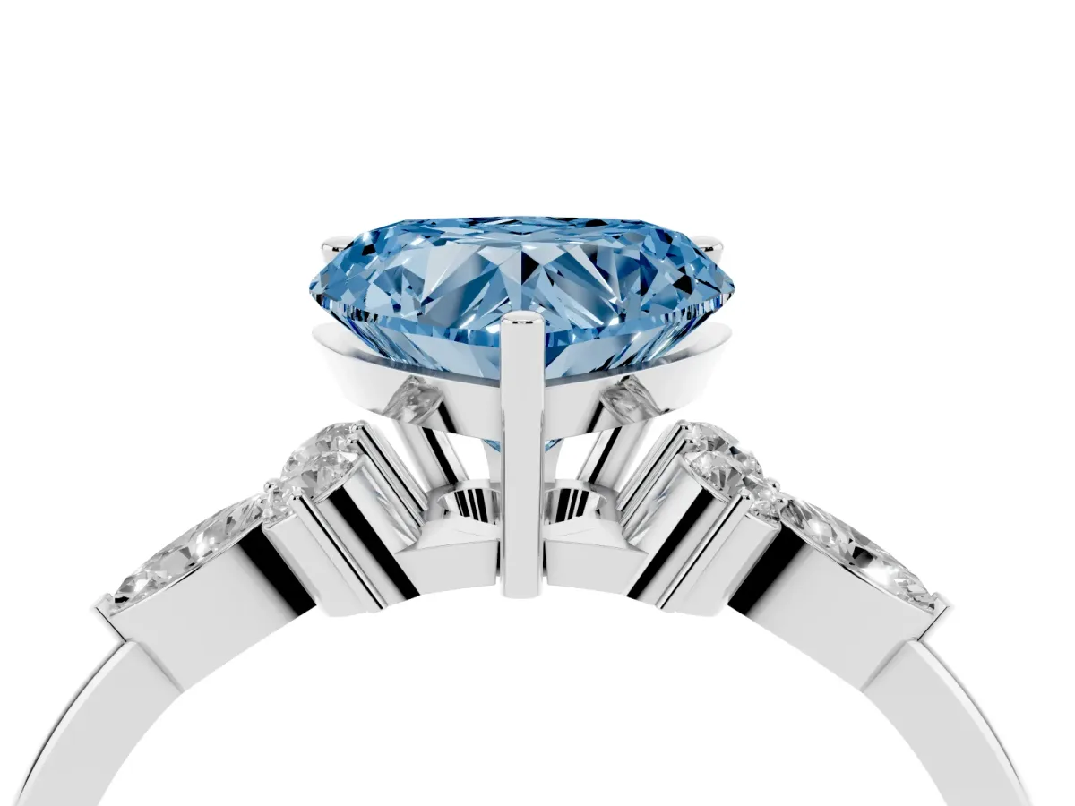 Fancy Blue Heart Cut Brilliant Diamond Solitaire Ring with Pear Side Stones and Four-Prong Setting Silver