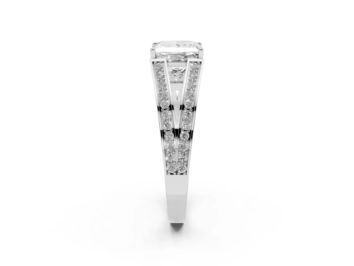 Princess Cut Diamond Split Shank Ring with Pavé Band and Four-Prong Setting White gold
