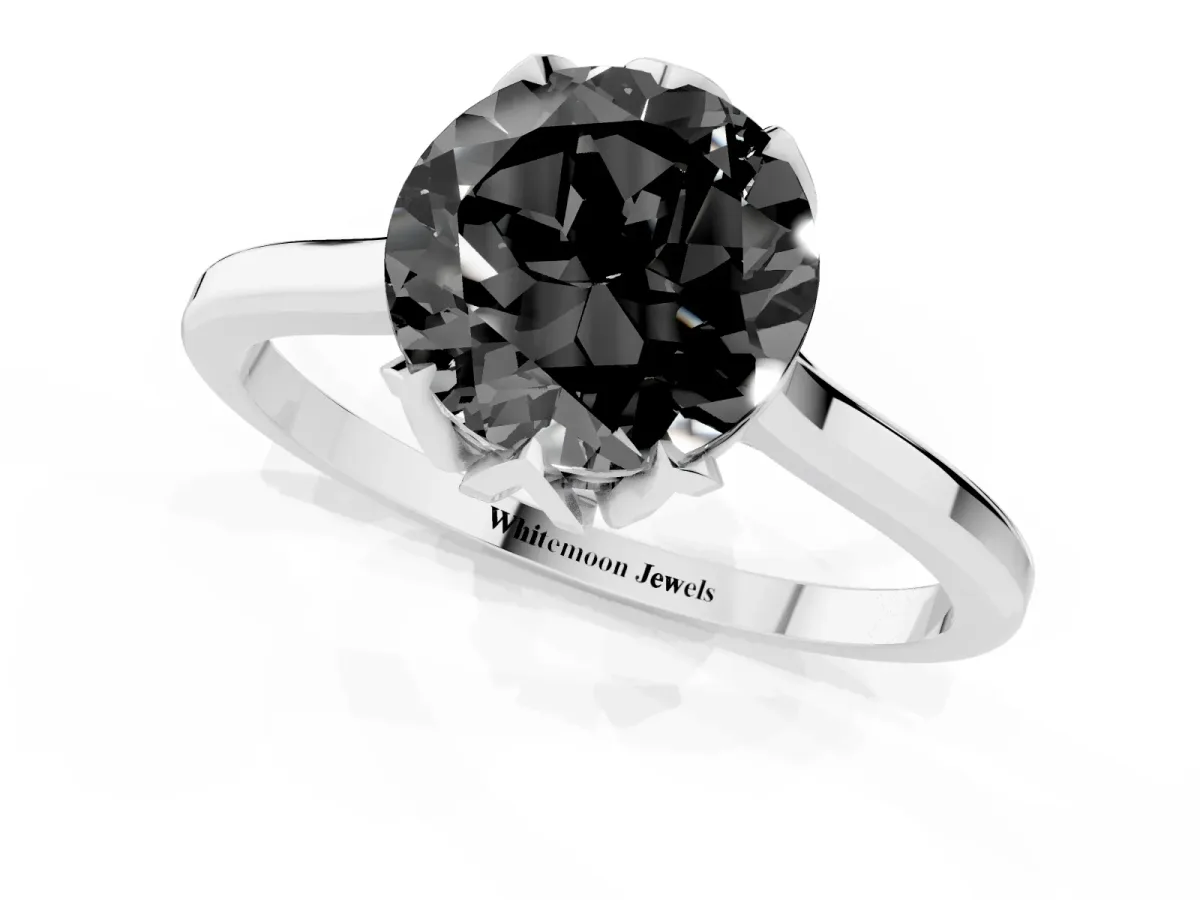 Fancy Black Round Cut Diamond Solitaire Ring with Flower Prong Setting and Classic Band Silver
