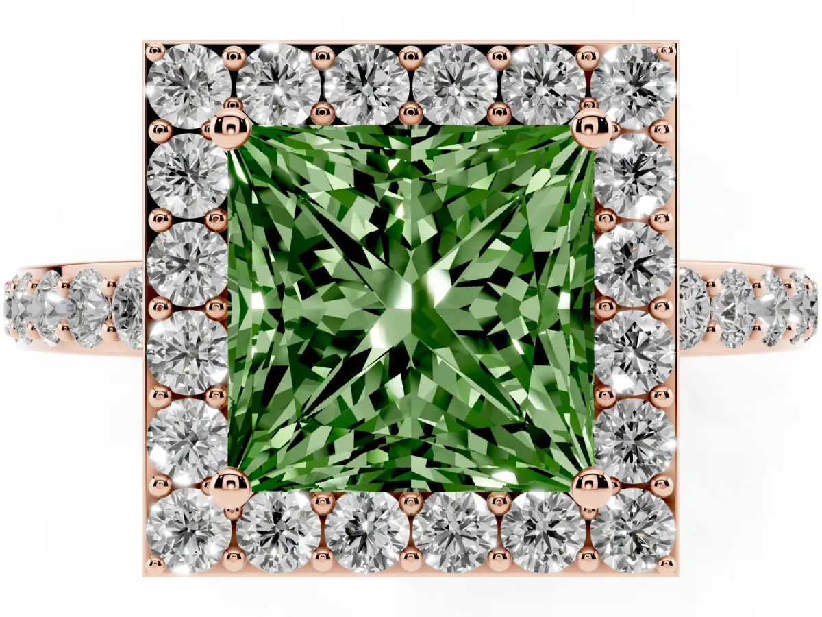 Fancy Green Princess Cut Halo Diamond Pavé Band Ring with Prong Setting Rose gold