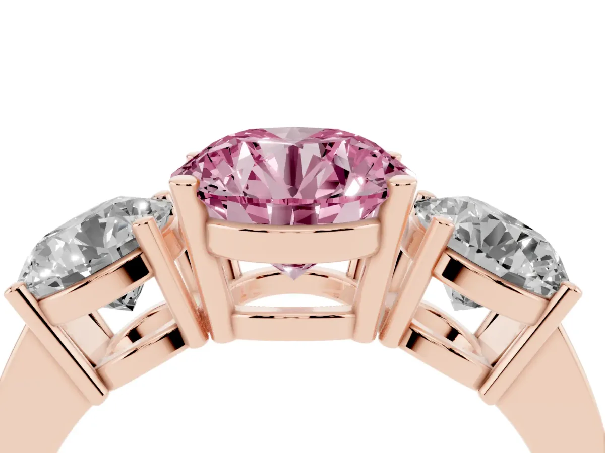 Fancy Pink Three-Stone Round Cut Cut Diamond Engagement Ring with Flat Band and Four-Prong Setting Rose gold