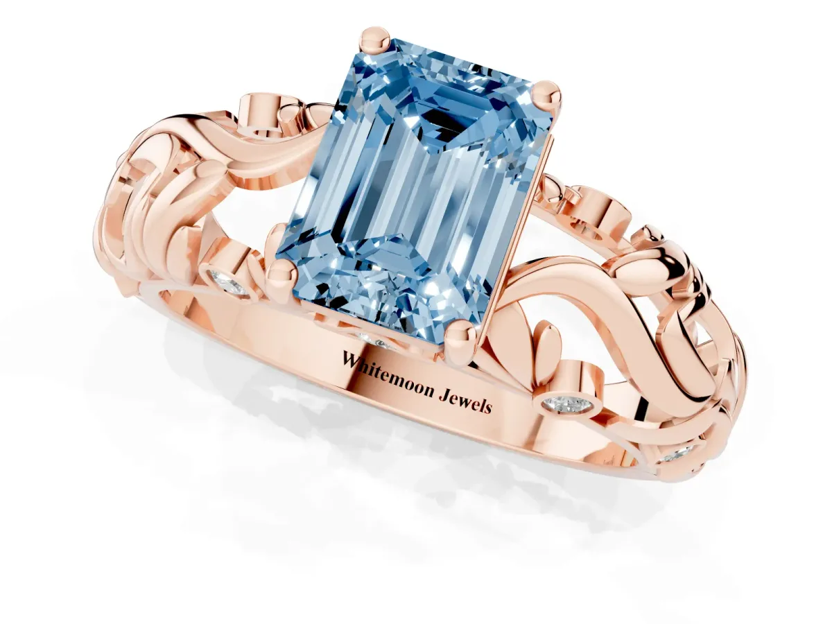 Fancy Blue Emerald Cut Solitaire Diamond Leaf-Inspired Vine Band Ring with Prong Setting Rose gold