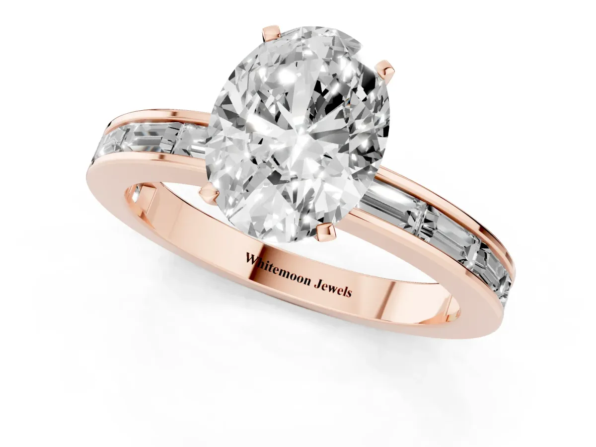 Oval Cut Solitaire Diamond Ring with Channel-Set Baguette Band and Four-Prong Setting Rose gold