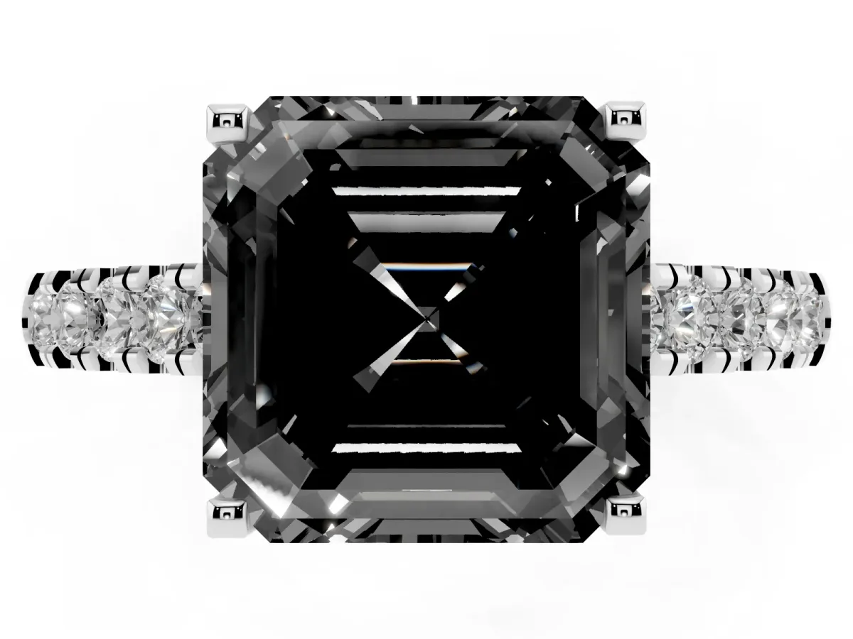 Fancy Black Asscher Cut Diamond Pavé Band Solitaire Ring with Prong Setting Platinum