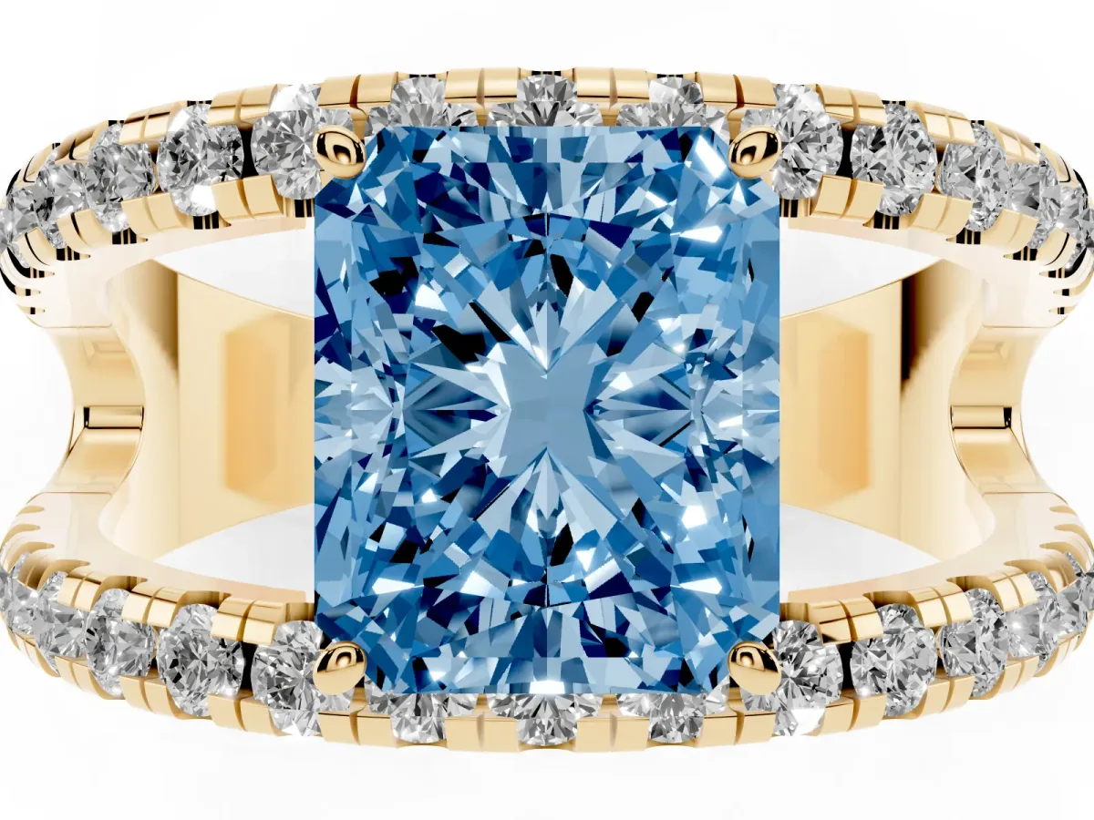 Fancy Blue Radiant Cut Solitaire Split Shank Pave Diamond Ring Yellow gold