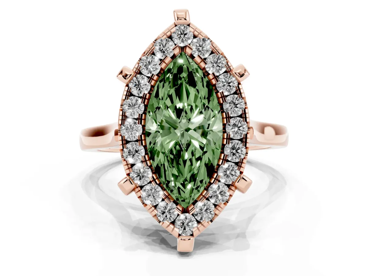 Fancy Green Marquise Cut Diamond Cluster Halo Solitaire with Four-Prong Setting Rose gold