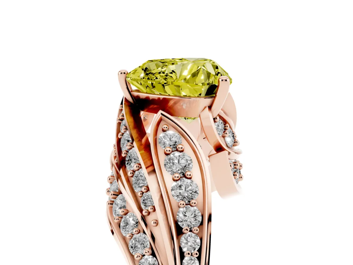 Fancy Yellow Heart Cut Diamond Solitaire Ring with Prong Setting and Twisted Pavé Band Rose gold