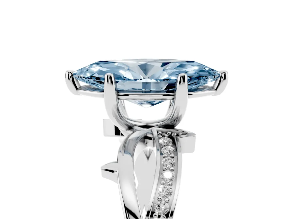 Fancy Blue Marquise Cut Solitaire Twist Band with Pavé Accents and Four-Prong Setting Silver