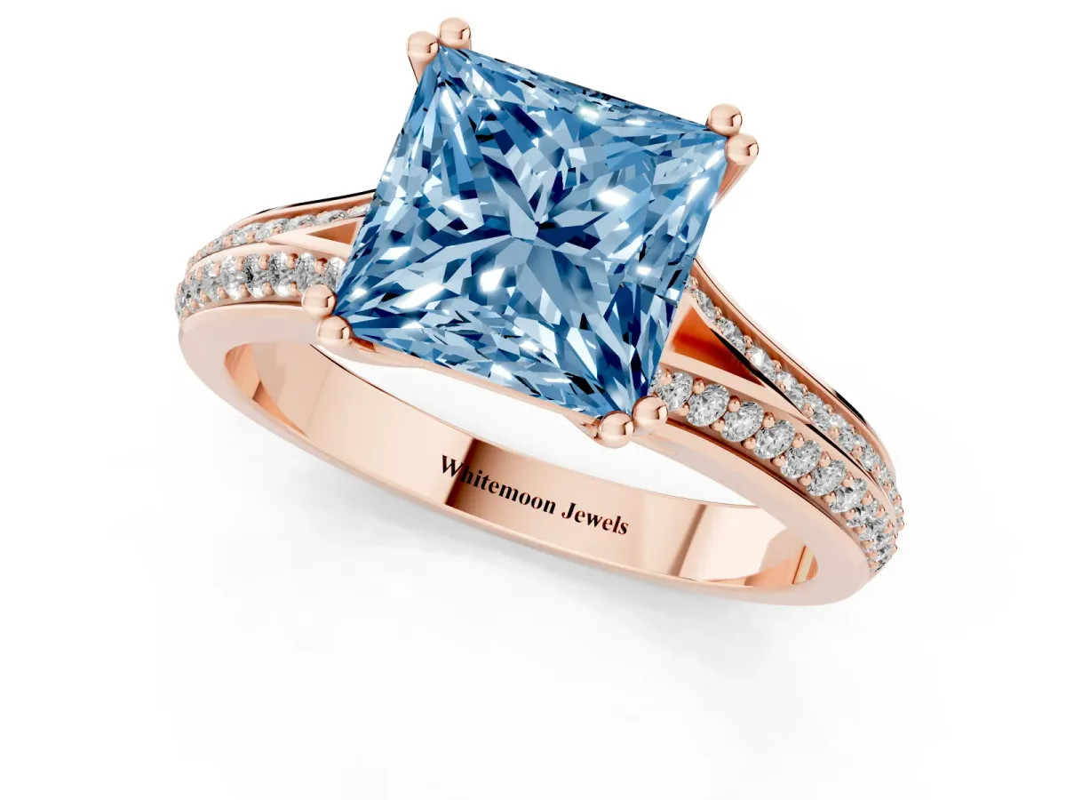 Fancy Blue Princess Cut Diamond Split Shank Engagement Ring with Pavé Band Rose gold