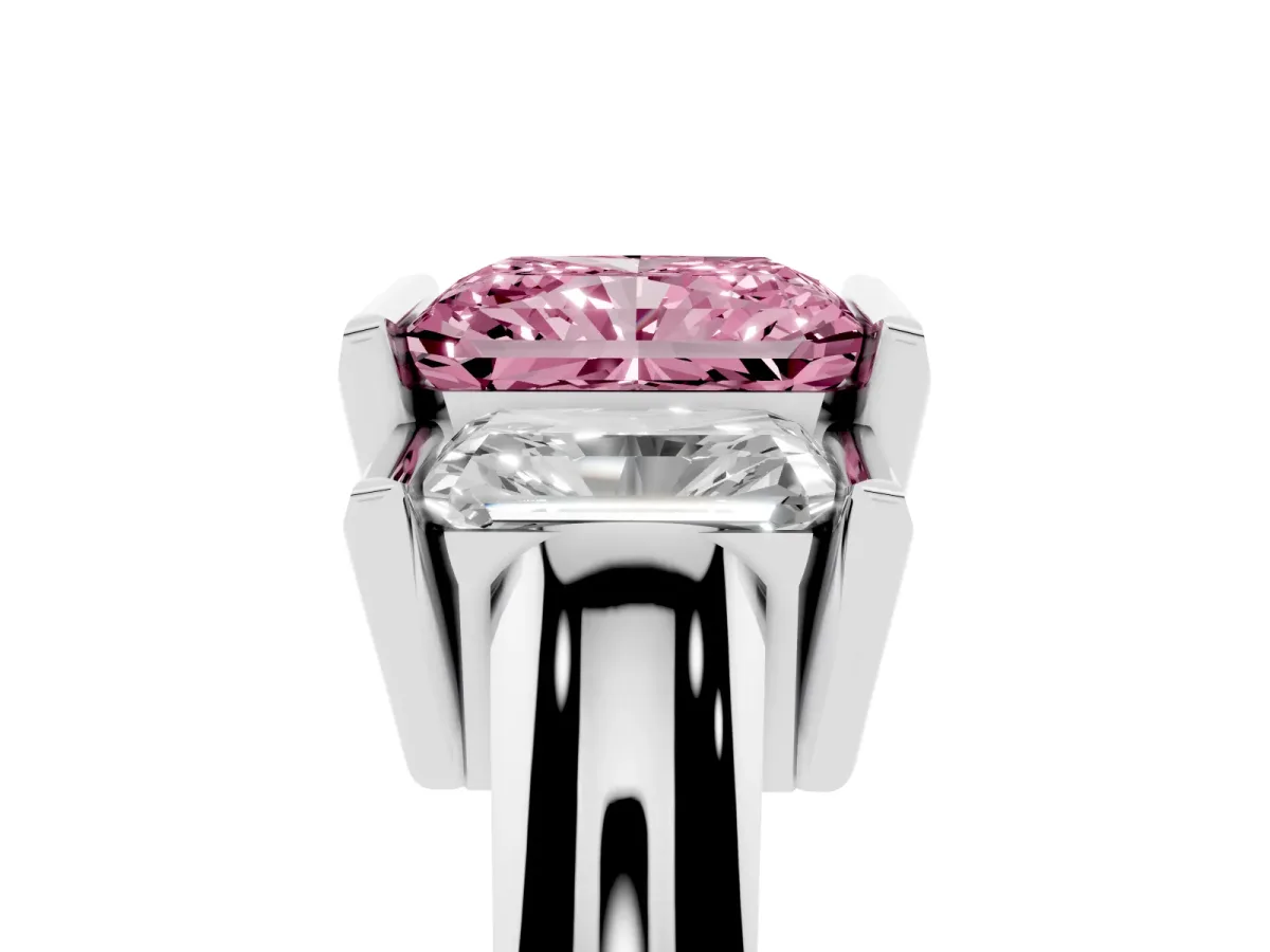 Fancy Pink Three Stone Radiant Cut Cut Channel Set Diamond Ring Platinum