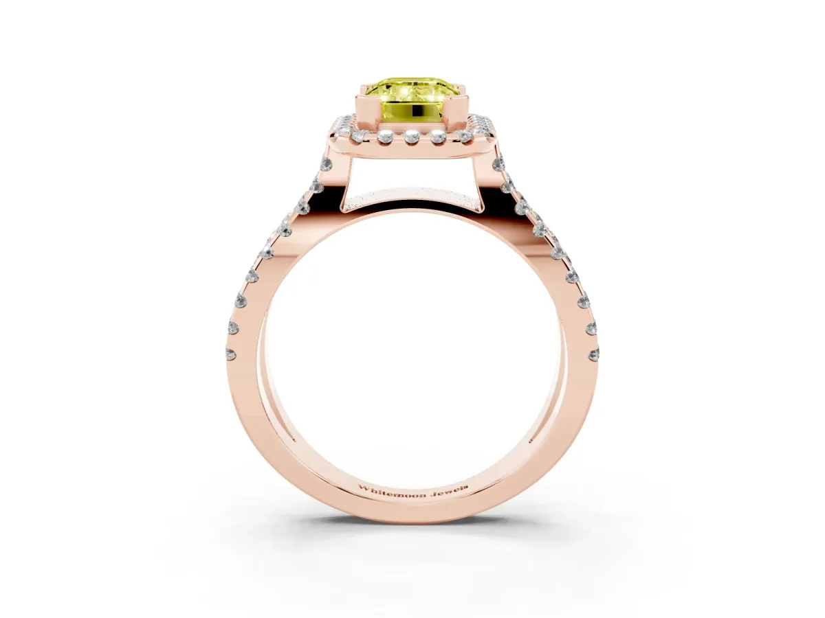 Fancy Yellow Emerald Cut Diamond Halo Ring with Split Shank Pavé Band and Prong Setting Rose gold