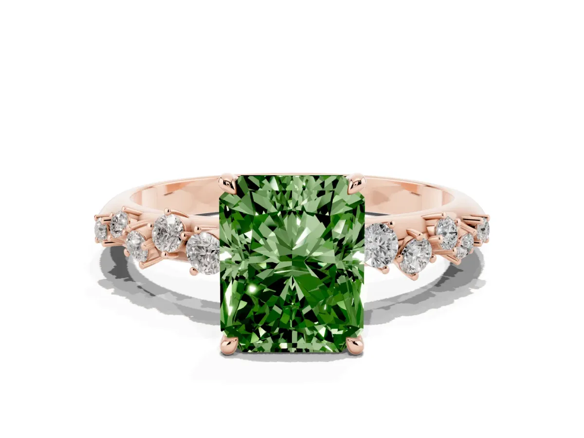 Fancy Green Radiant Cut Diamond Cluster Side Stone Solitaire Ring with Prong Setting Rose gold