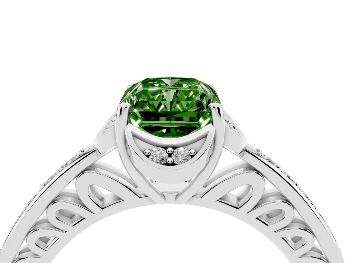 Fancy Green Radiant Cut Cut Halo Diamond Ring with Channel Set Band and Four-Prong Setting White gold