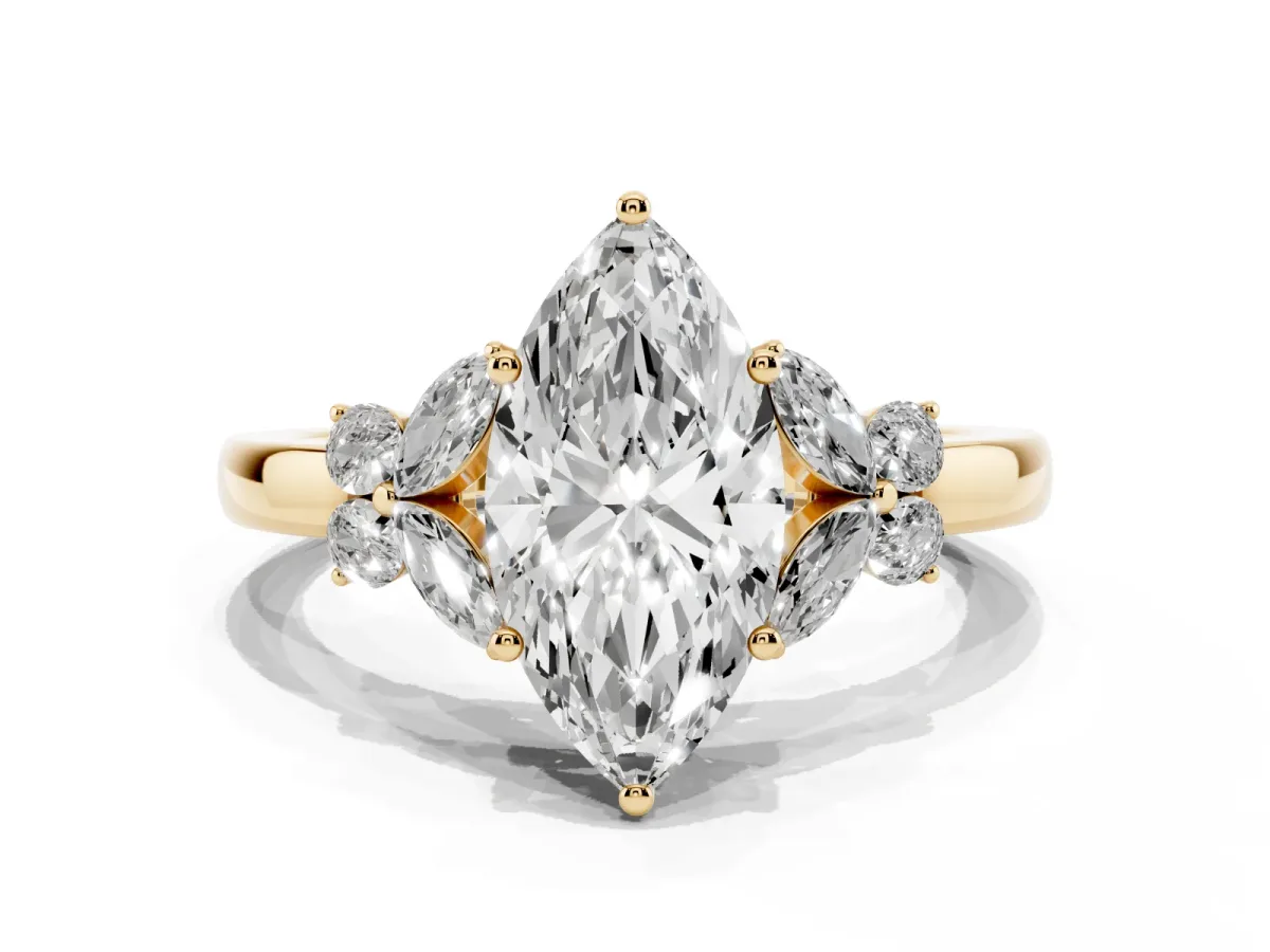 Marquise Cut Cut Solitaire Floral Diamond Ring with Four-Prong Setting Yellow gold