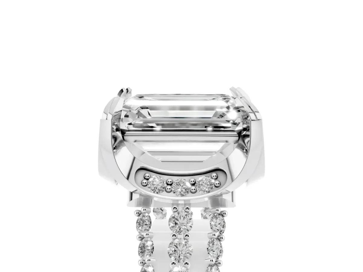 Emerald Cut Solitaire Pave Split Shank Ring with Four-Prong Setting Silver