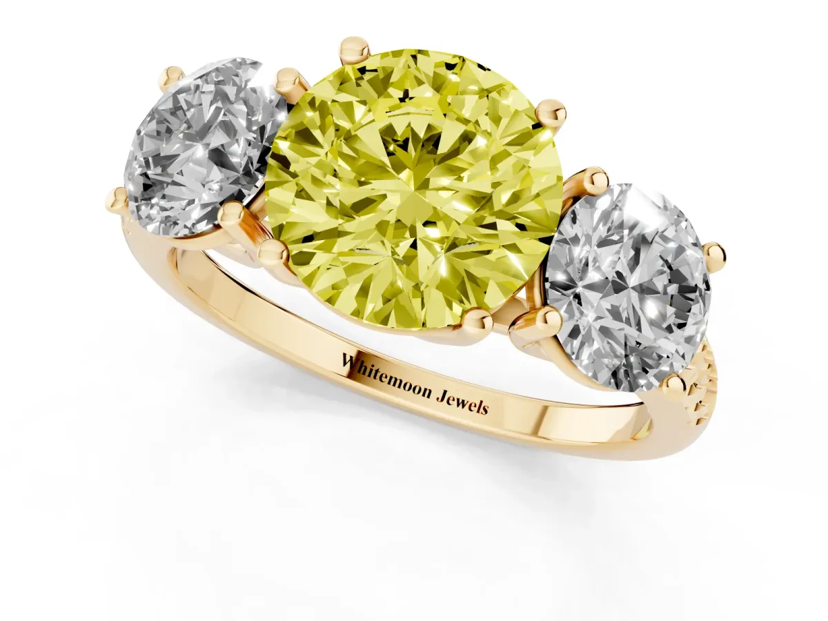 Fancy Yellow Three-Stone Round Cut Diamond Ring with Round Pavé Band and Prong Setting Yellow gold