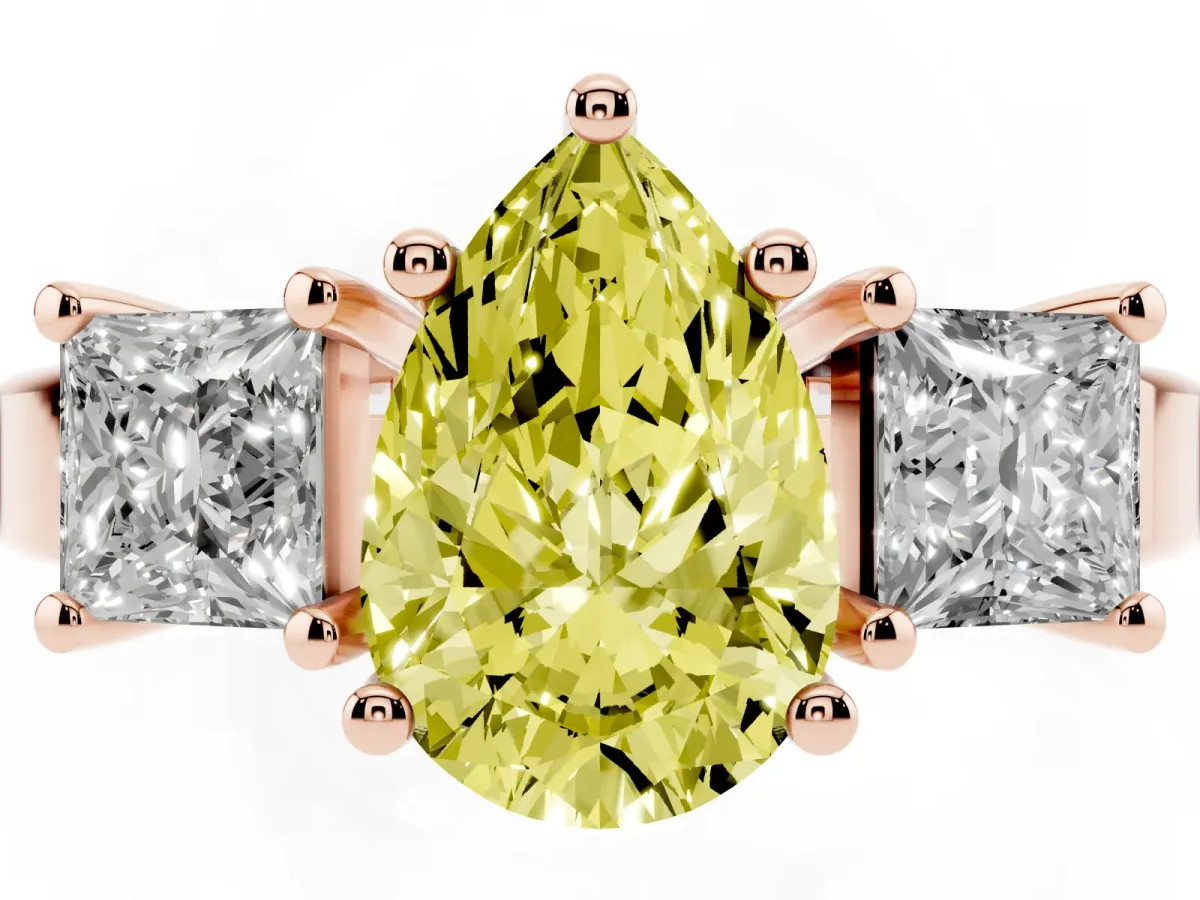 Fancy Yellow Three-Stone Pear Cut Cut Solitaire Ring with Prong Setting Rose gold