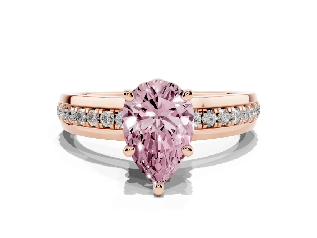 Fancy Pink Pear Cut Solitaire Diamond Ring with Channel Set Band and Six-Prong Setting Rose gold
