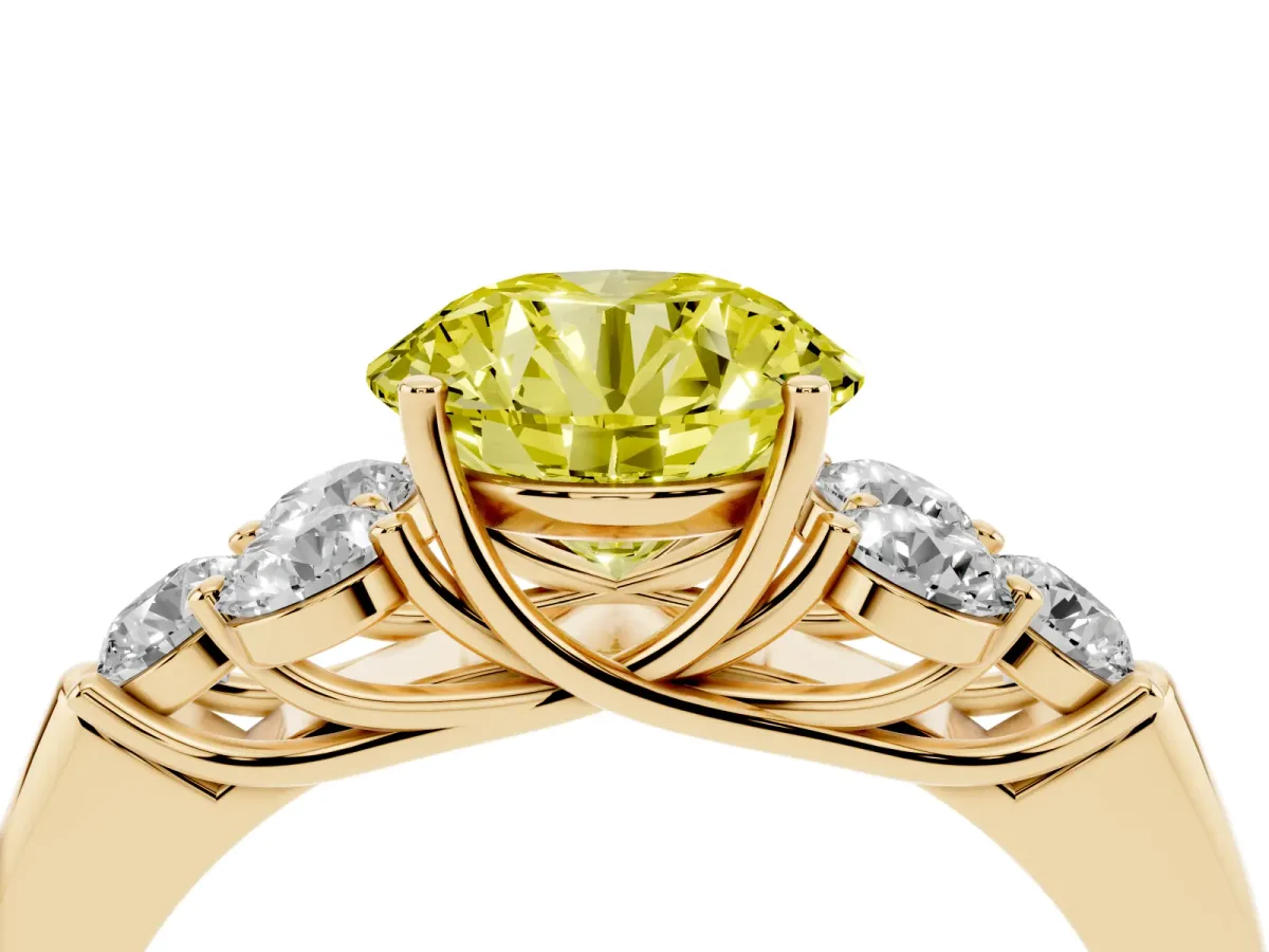 Fancy Yellow Round Cut Cut Diamond Cluster Ring with Round Accent Stones and Prong Setting on a Classic Band Yellow gold