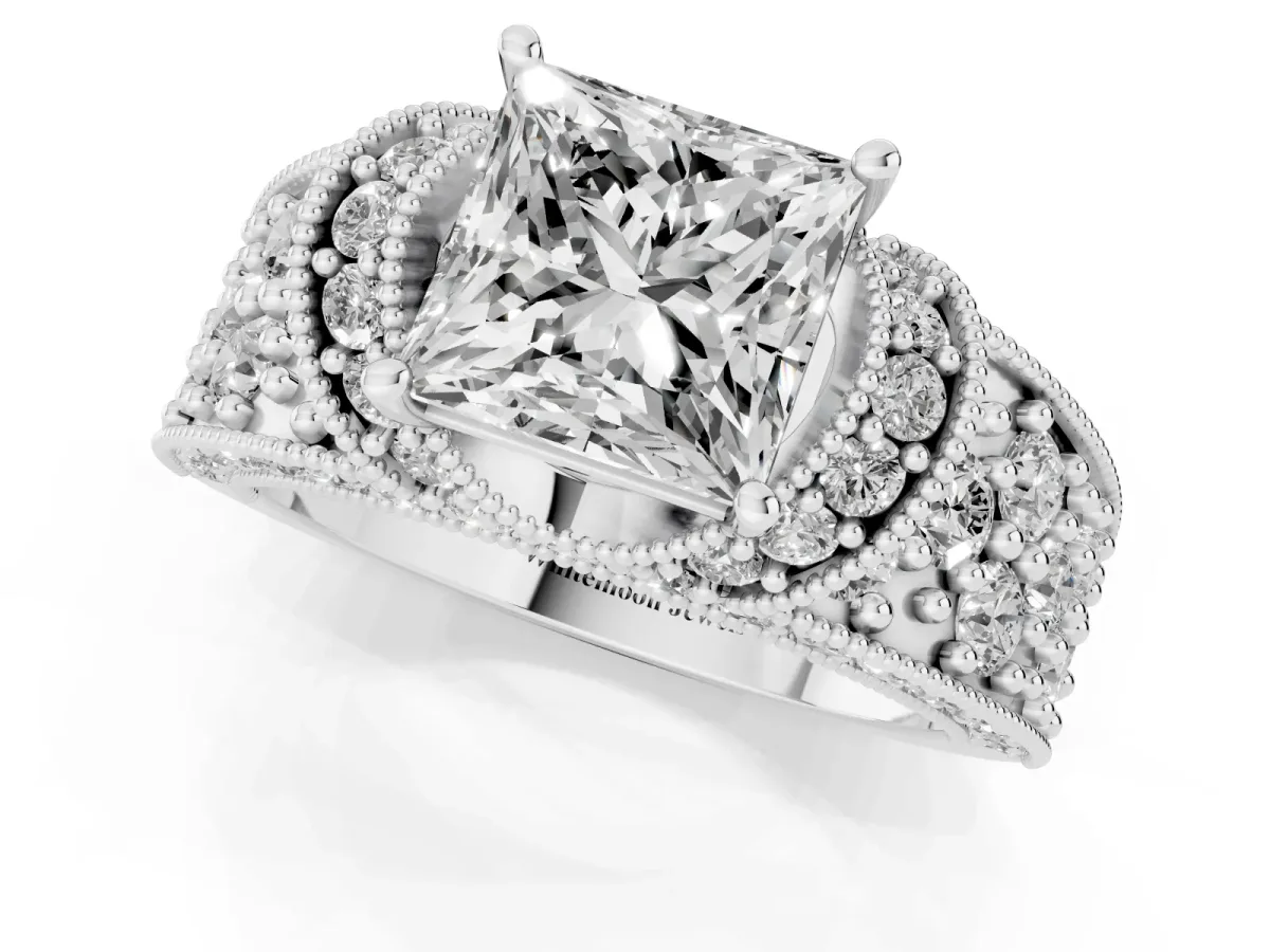 Princess Cut Halo Pave Diamond Engagement Ring with Milgrain Detailing Silver
