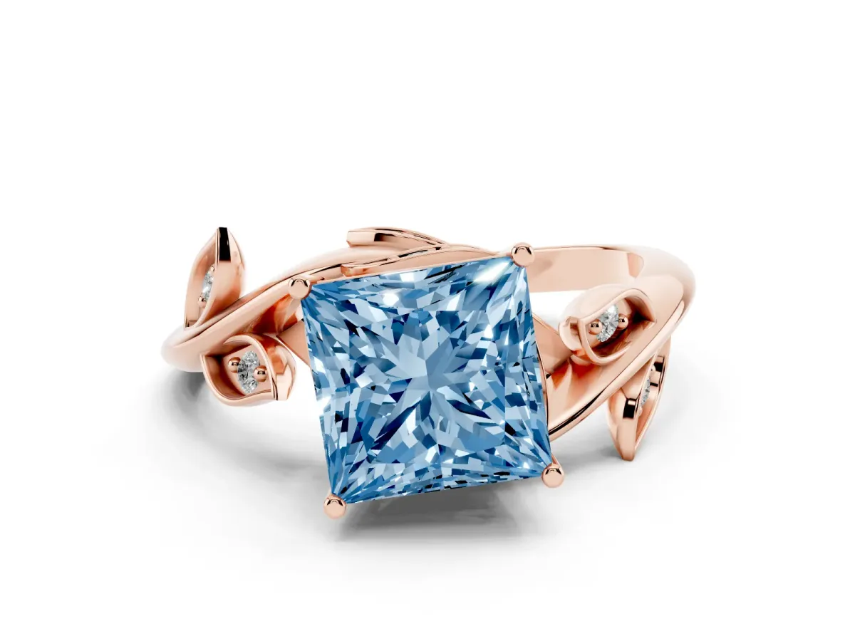 Fancy Blue Princess Cut Solitaire Twist Engagement Ring with Leaf Accents and Prong Setting Rose gold