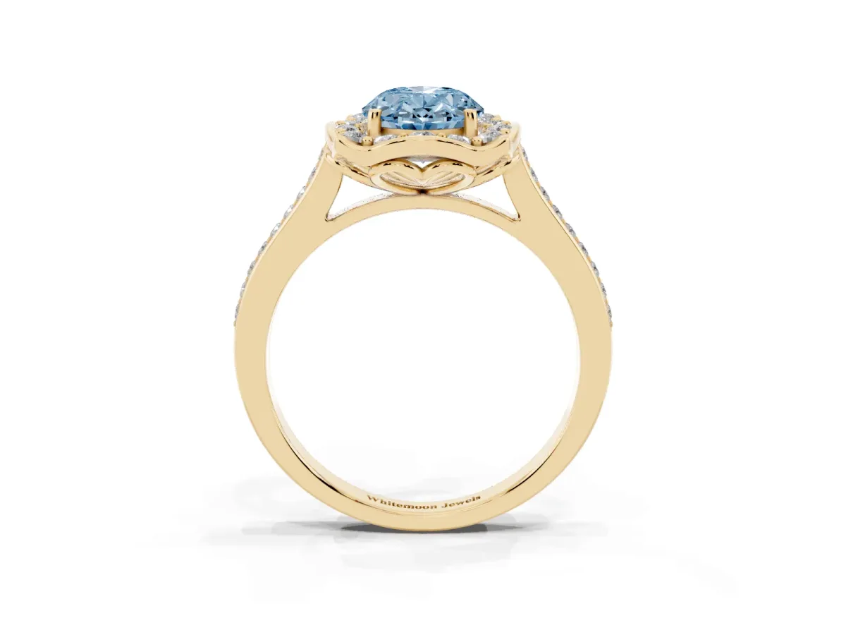 Fancy Blue Oval Cut Halo Round Diamond Pave Band with Four-Prong Setting Yellow gold