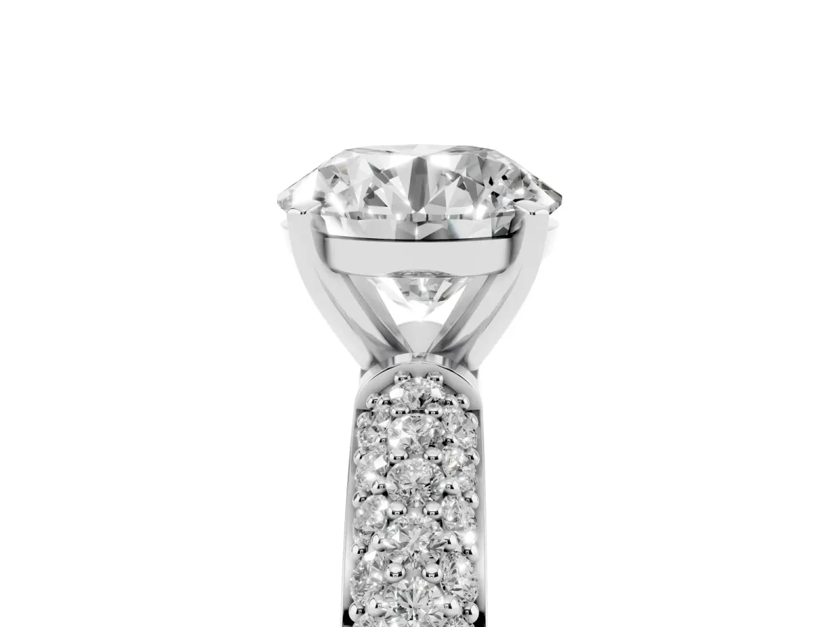 Round Cut Diamond Solitaire Ring with Prong Setting and Pavé Band Silver