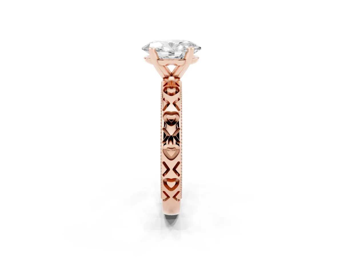 Oval Cut Solitaire Diamond Engagement Ring with XO Engraved Band and Four-Prong Setting Rose gold