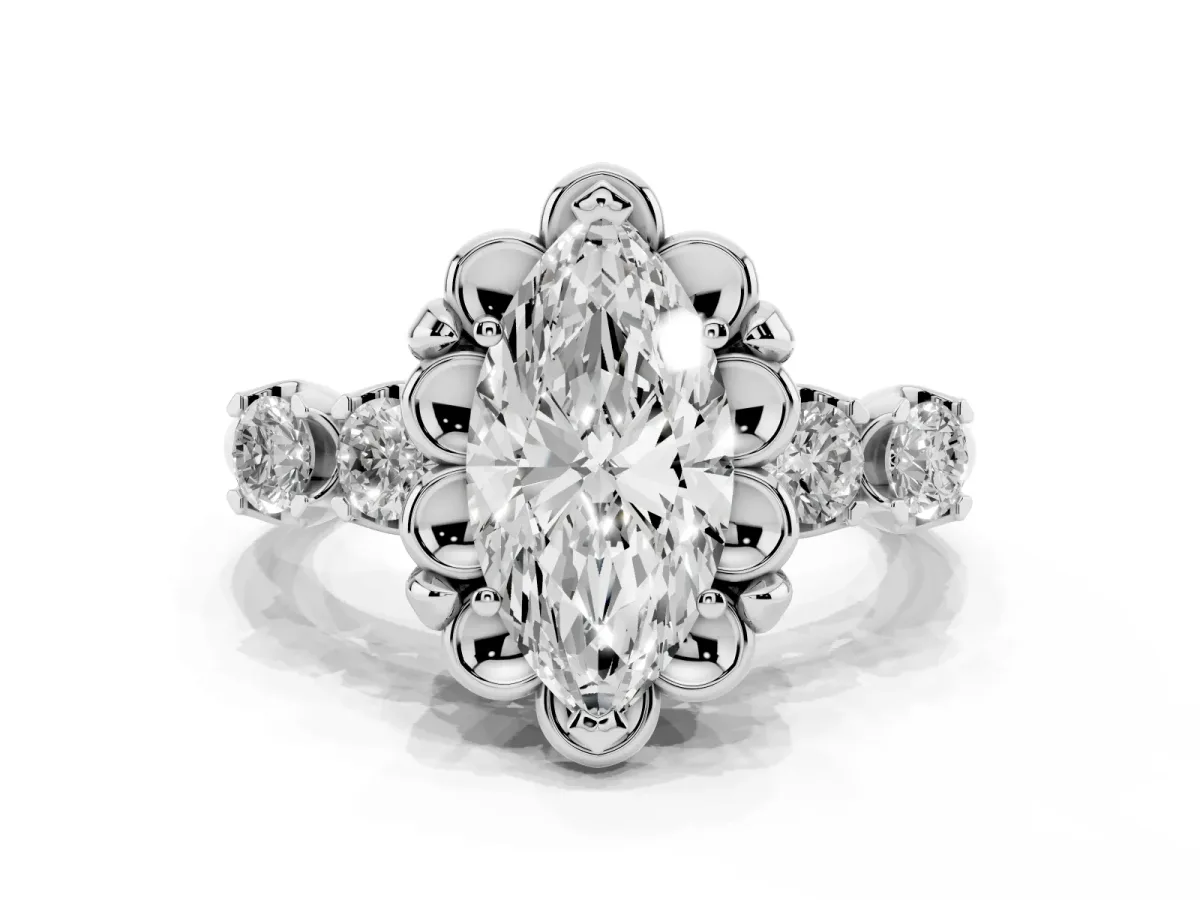 Marquise Cut Cut Diamond Floral Halo Engagement Ring with Shared Prong Setting Silver