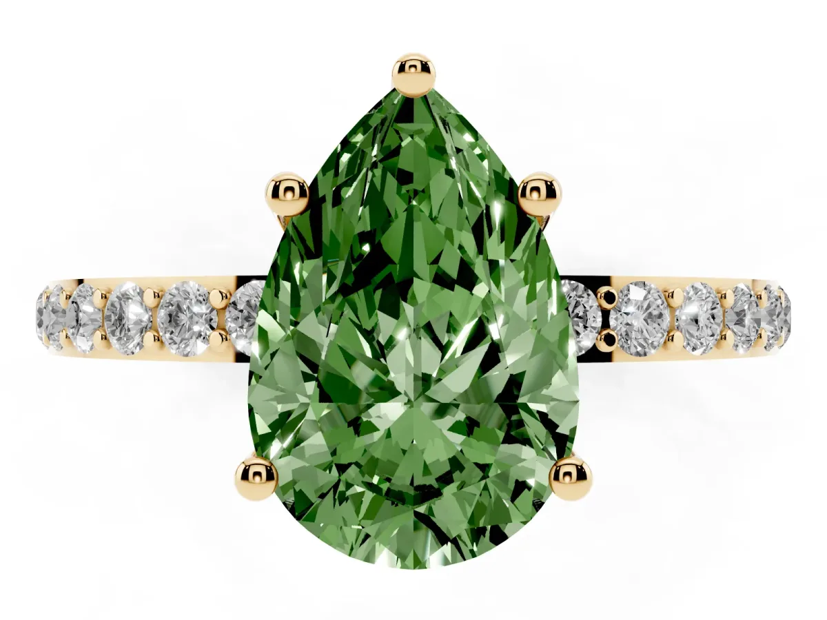 Fancy Green Pear Cut Diamond Solitaire Ring with Round Pavé Shoulders and Prong Setting Yellow gold