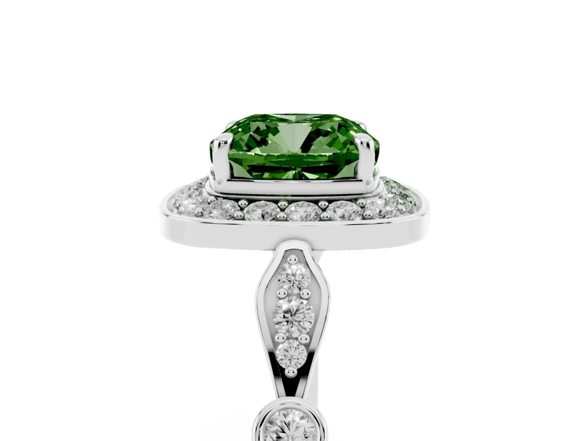Fancy Green Cushion Cut Halo Diamond Engagement Ring with Twisted Band and Four-Prong Setting White gold