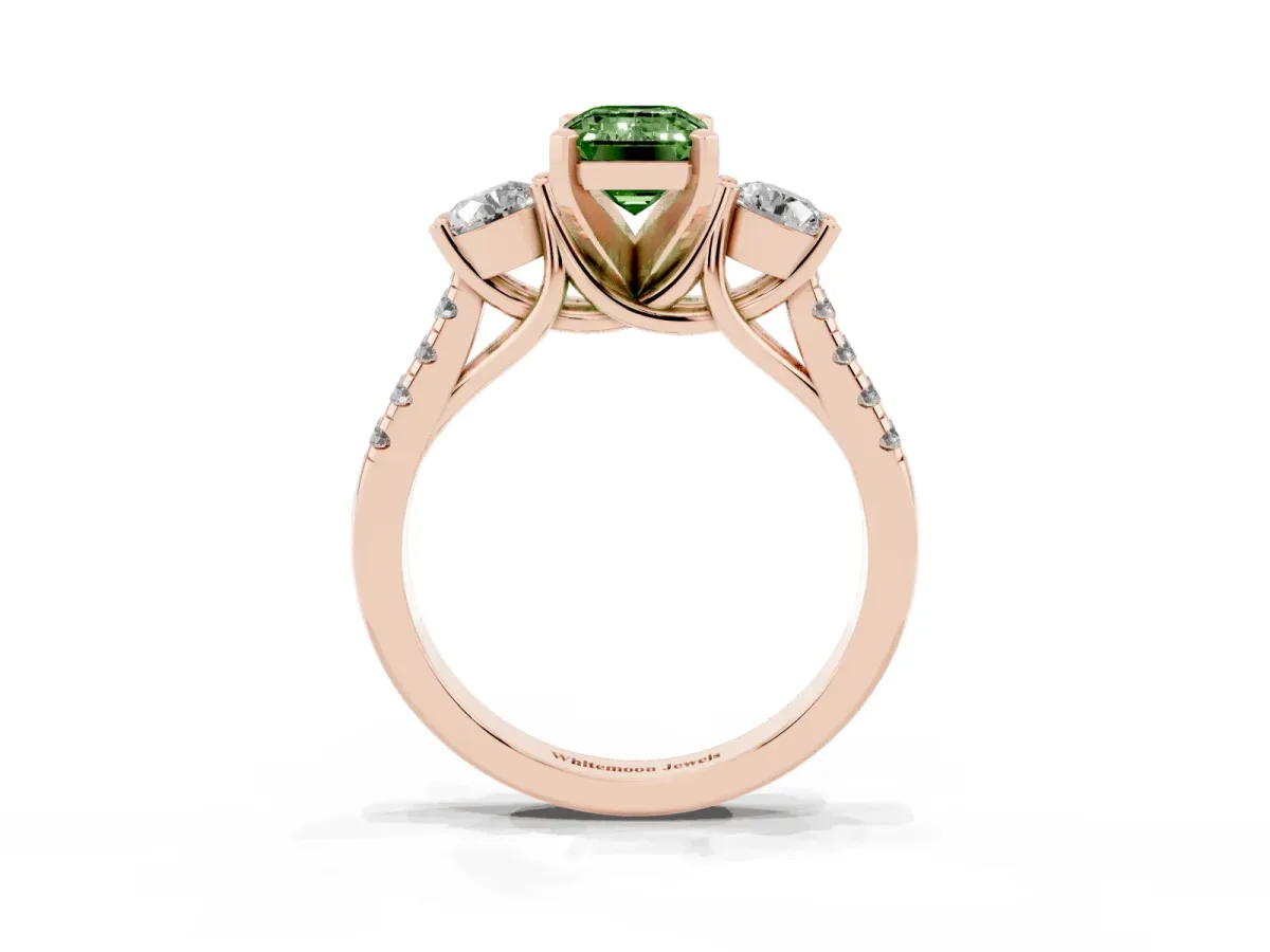 Fancy Green Three-Stone Emerald Cut Diamond Pavé Band with Four-Prong Setting Rose gold