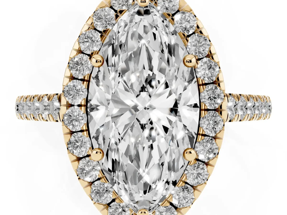 Marquise Cut Halo Pave Diamond Engagement Ring with Four-Prong Setting Yellow gold