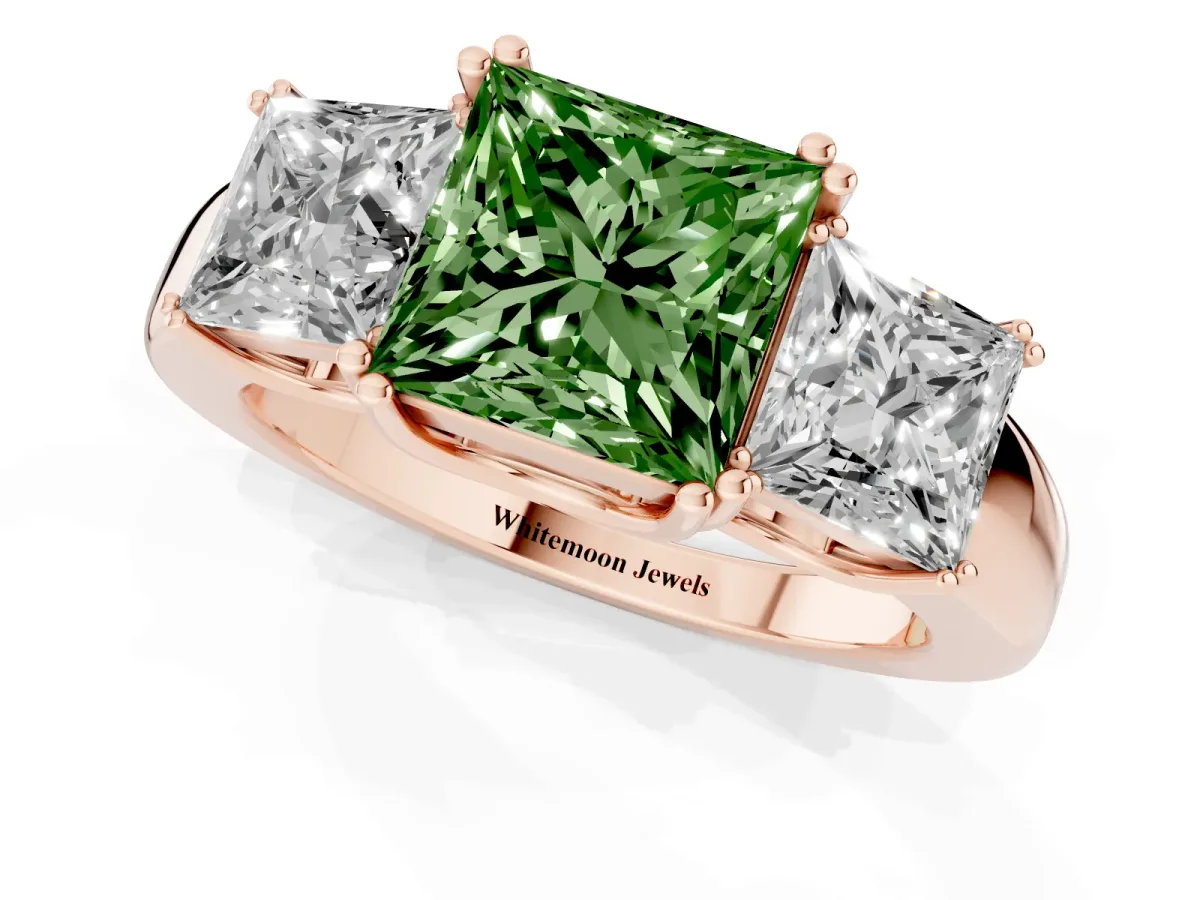 Fancy Green Three-Stone Princess Cut Cut Diamond Ring with Channel Set Band and Four-Prong Setting Rose gold