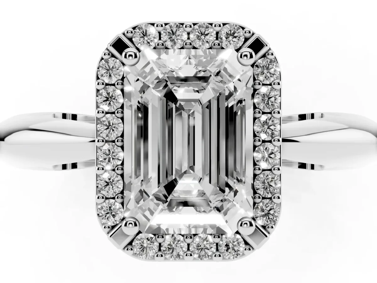 Emerald Cut Cut Diamond Halo Engagement Ring with Split Shank and Four-Prong Setting Silver