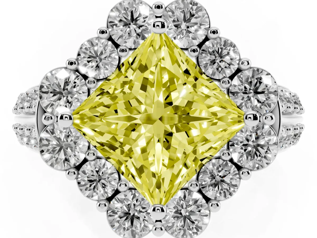 Fancy Yellow Princess Cut Halo Diamond Engagement Ring with Split Shank and Prong Setting Silver