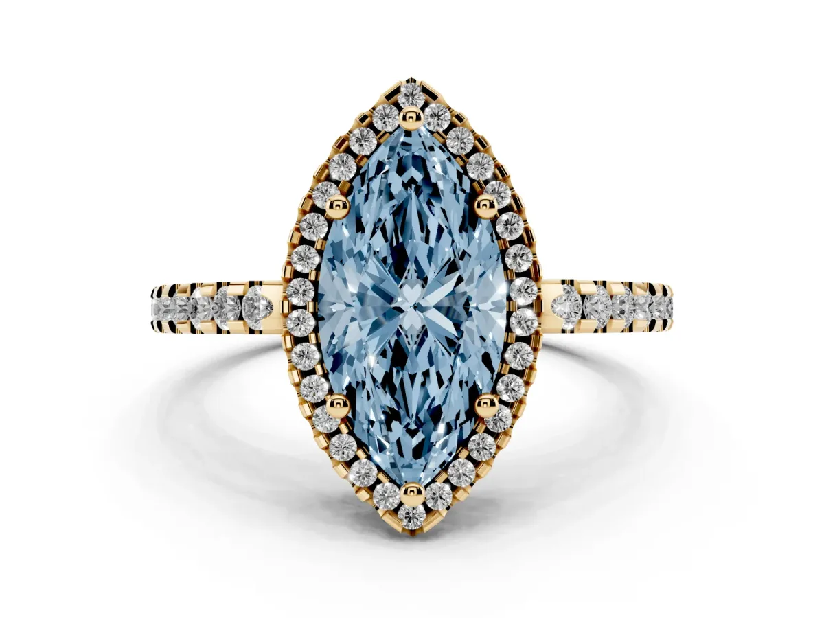 Fancy Blue Marquise Cut Diamond Halo Engagement Ring with Pavé Band and Prong Setting Yellow gold