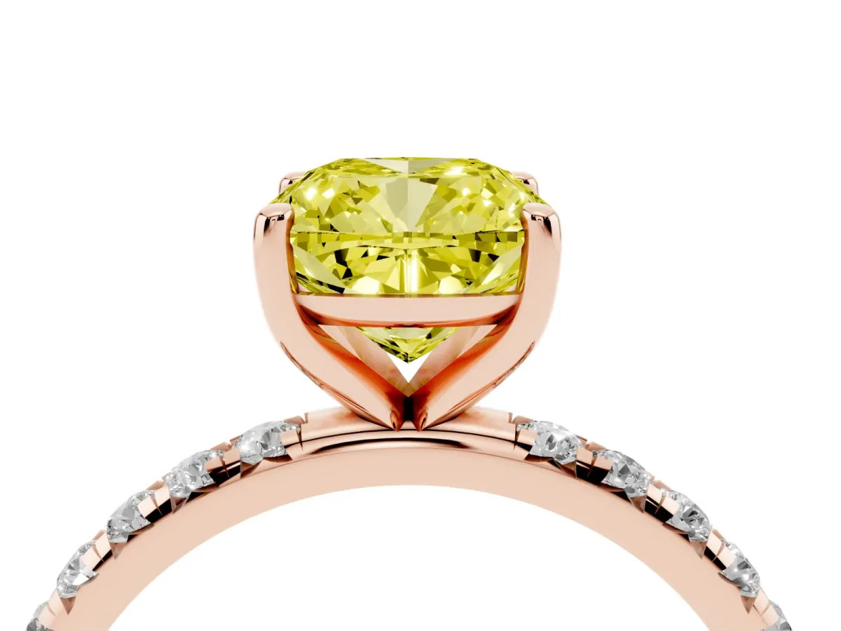 Fancy Yellow Cushion Cut Cut Diamond Solitaire Ring with Micro Pave Band and Four Prong Setting Rose gold