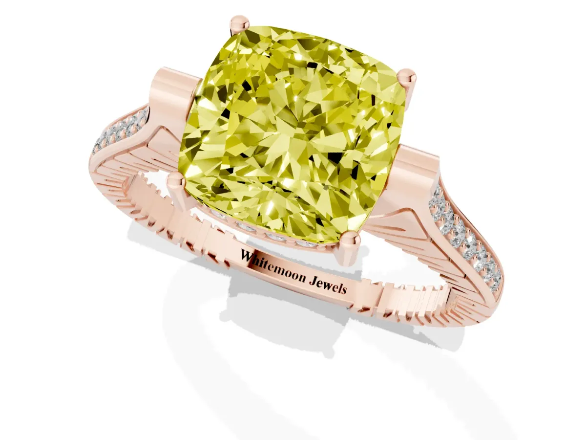 Fancy Yellow Cushion Cut Solitaire Diamond Ring with Channel Set Band and Bezel Prong Setting Rose gold