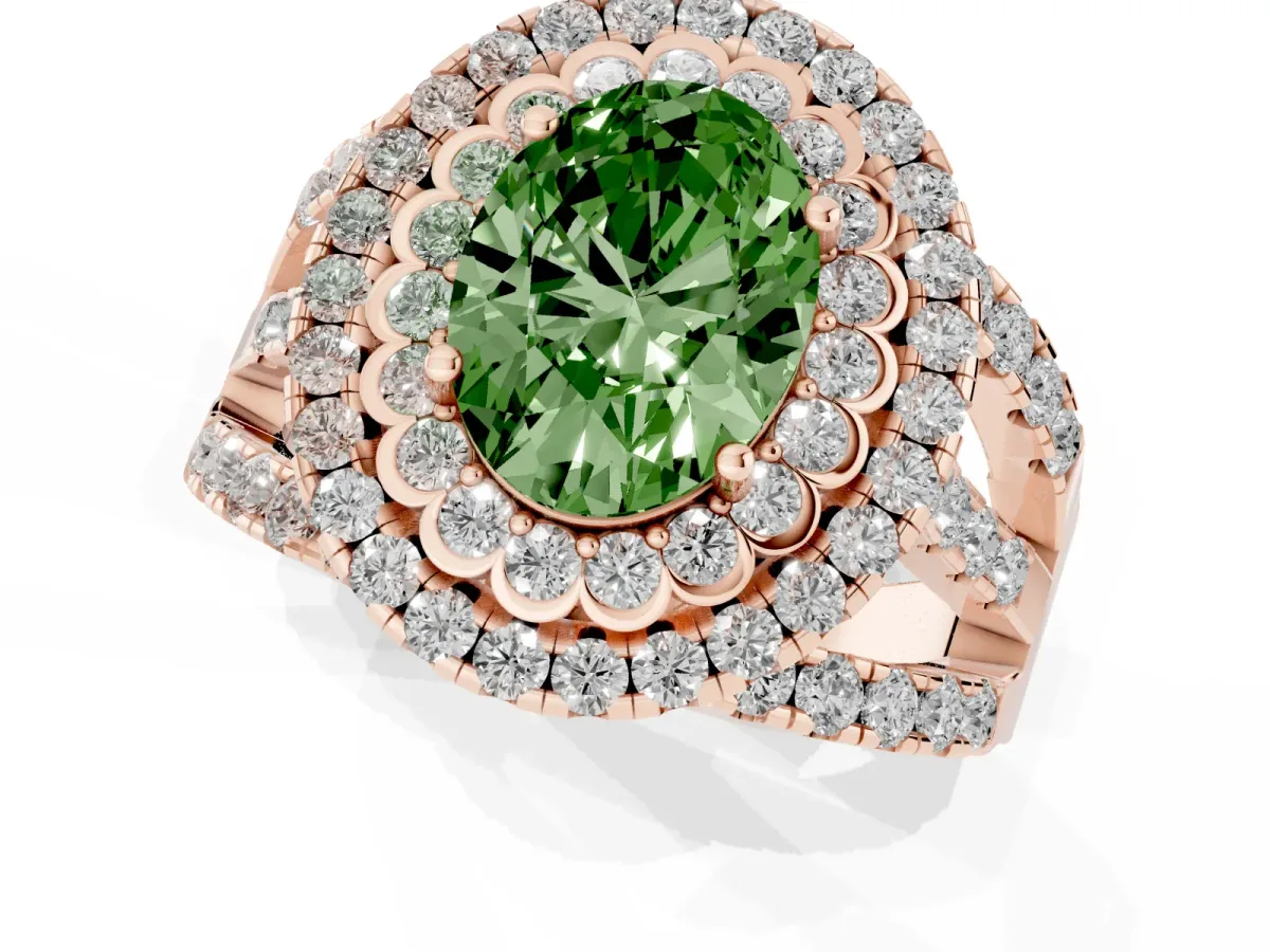 Fancy Green Oval Cut Diamond Double Halo Ring with Round Pavé Split Shank and Prong Setting Rose gold