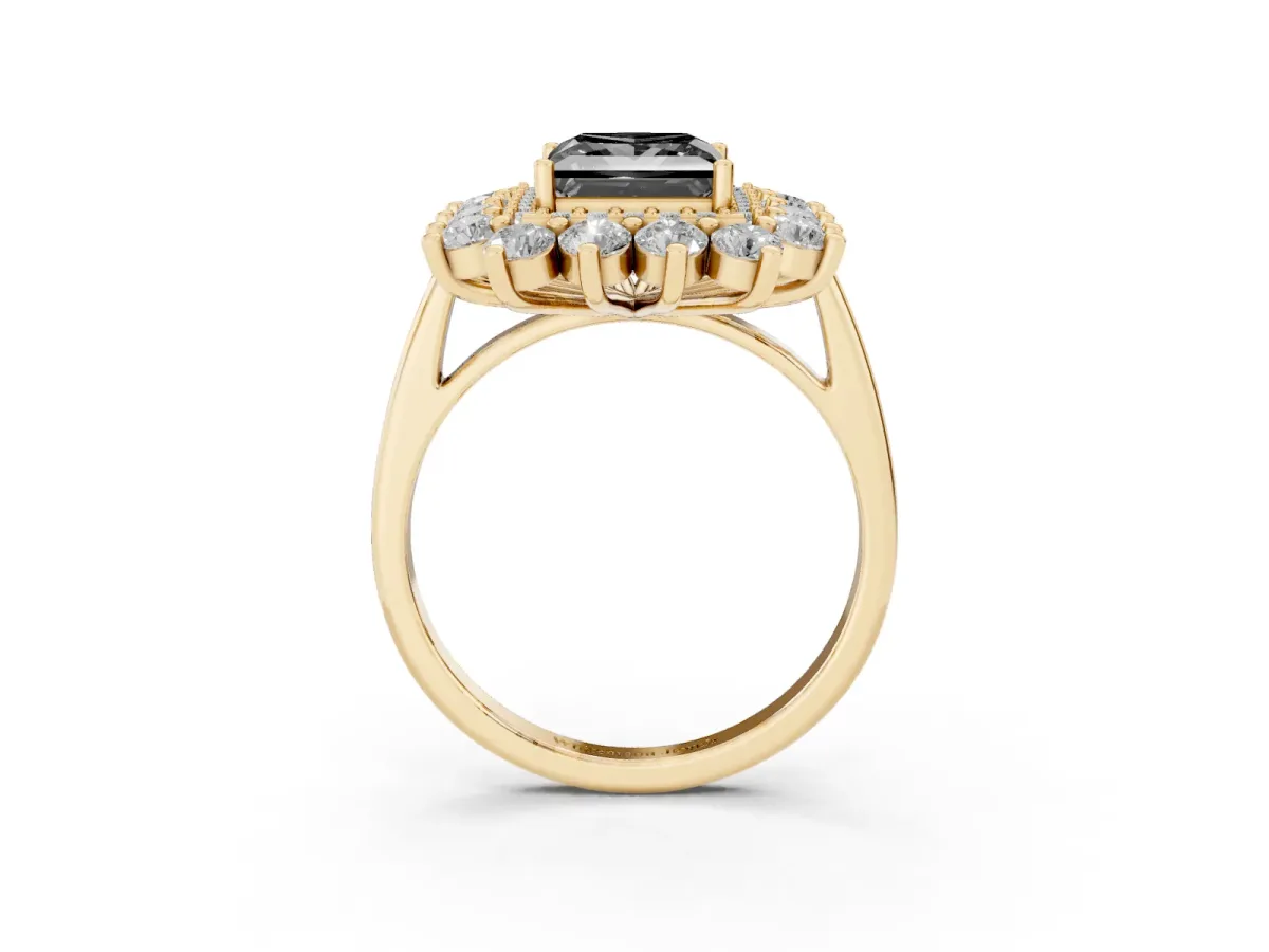 Fancy Black Princess Cut Diamond Floral Double Halo Engagement Ring with Prong Setting Yellow gold