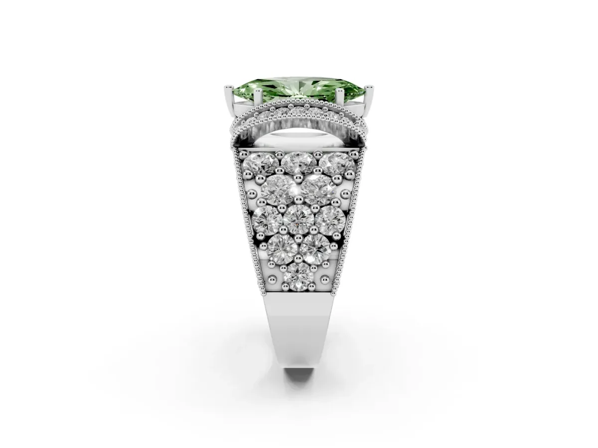 Fancy Green Marquise Cut Halo Pave Diamond Engagement Ring with Milgrain Detailing Silver