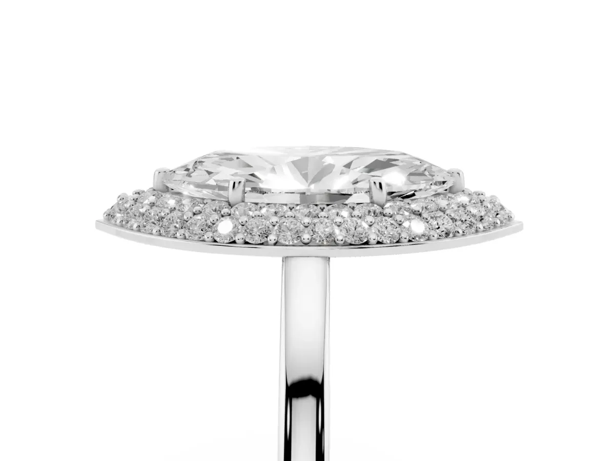 Marquise Cut Halo Diamond Engagement Ring with Solitaire Band and Four-Prong Setting Platinum