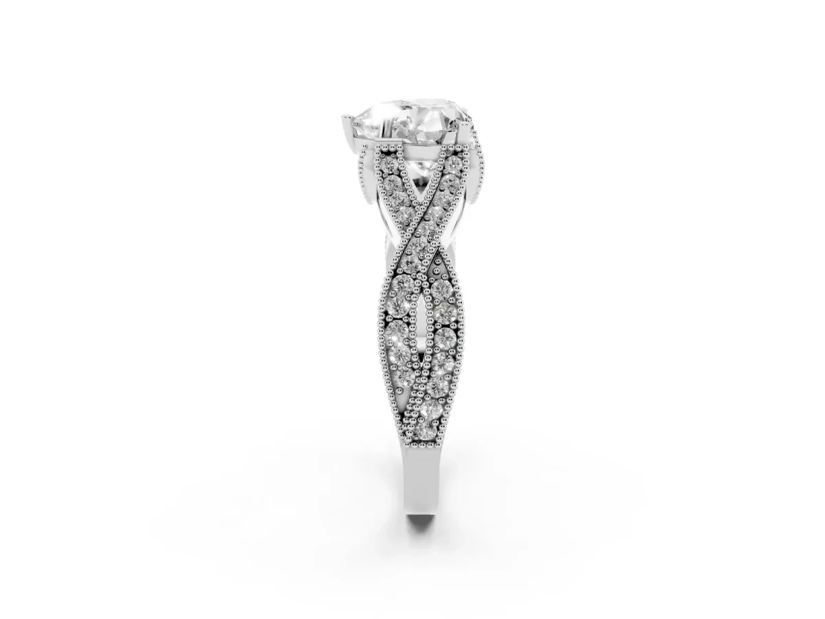 Heart Cut Cut Diamond Twisted Band with Milgrain Pave Setting and Four-Prong Setting Silver