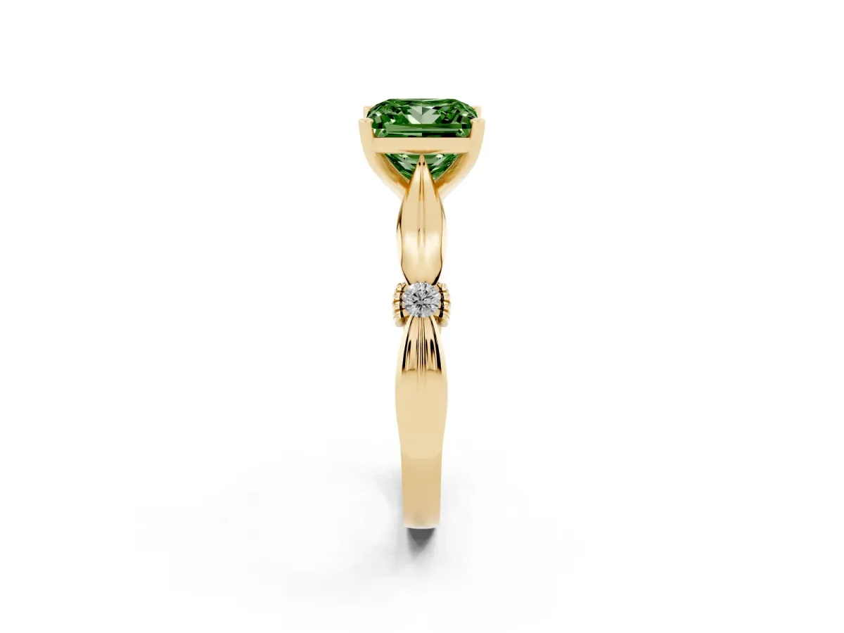 Fancy Green Princess Cut Solitaire Diamond Twisted Band with Four-Prong Setting Yellow gold