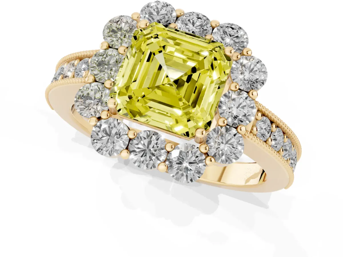 Fancy Yellow Asscher Cut Cut Halo Diamond Pavé Engagement Ring with Milgrain Detailing Yellow gold