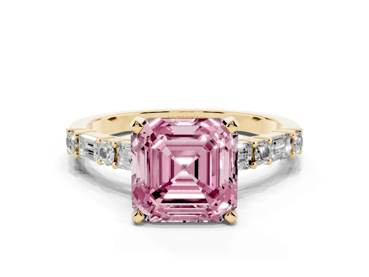 Fancy Pink Asscher Cut Diamond Solitaire with Side Baguettes and Channel Set Band Yellow gold