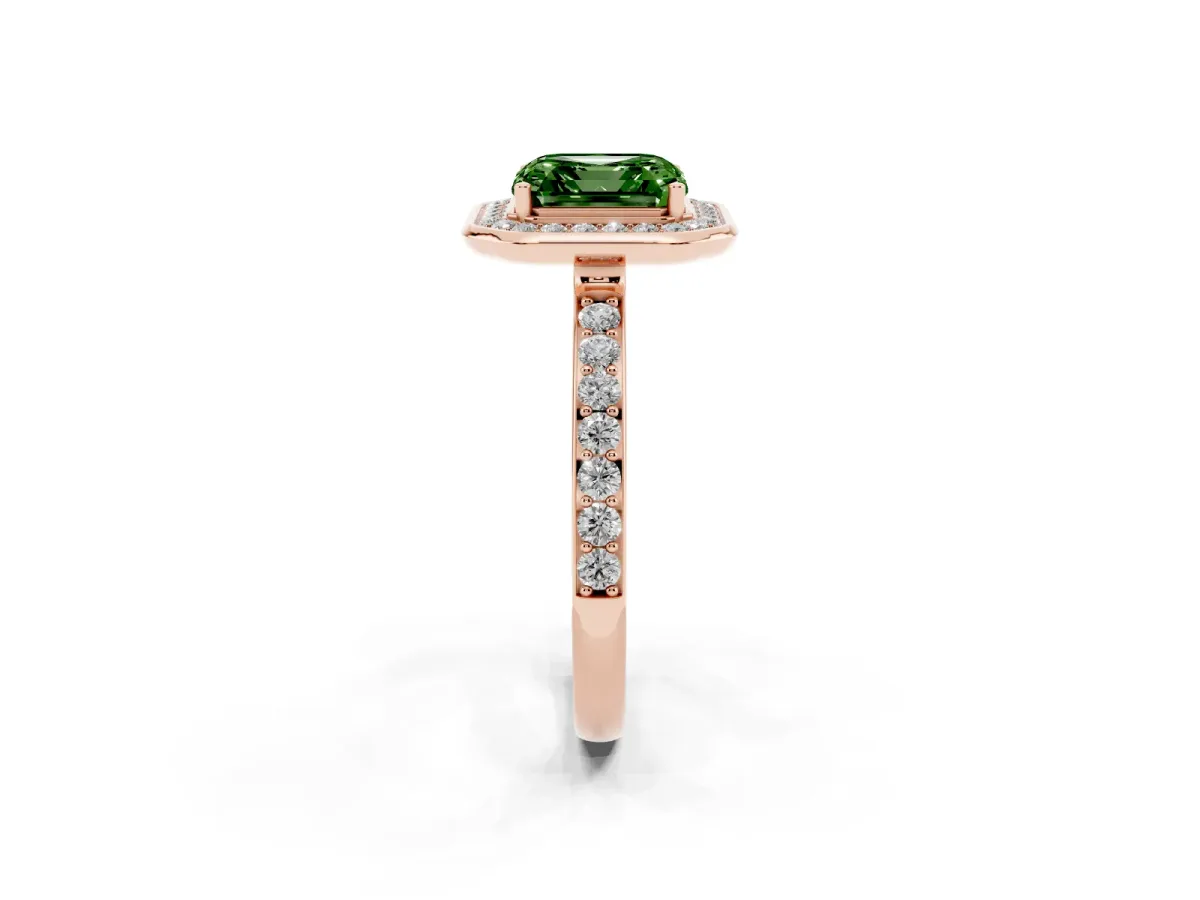 Fancy Green Asscher Cut Diamond Halo Ring with Bezel Frame and Pavé Band Rose gold