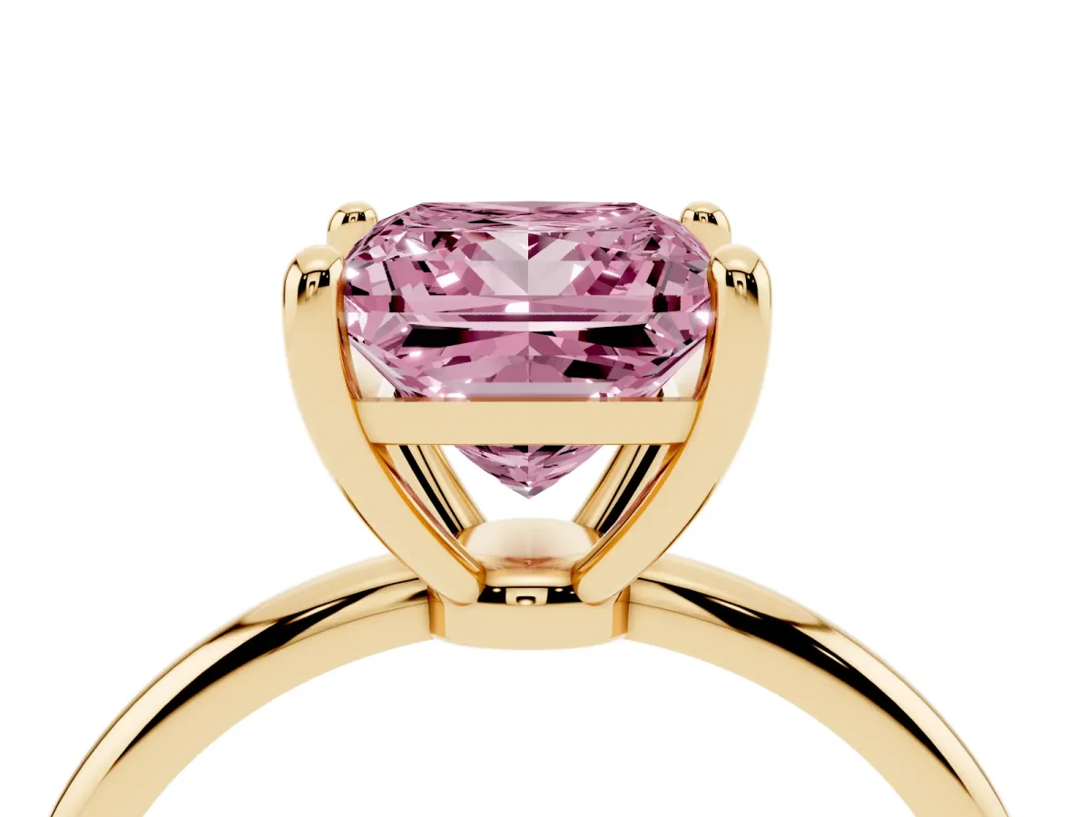 Fancy Pink Princess Cut Solitaire Diamond Ring with 4-Prong Setting on a Classic Band Yellow gold